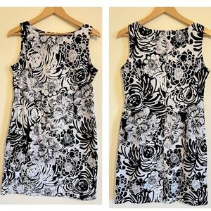 KARIN STEVENS Women Dress 12 Floral Black White Slip Preppy Sheath Cotton Modest